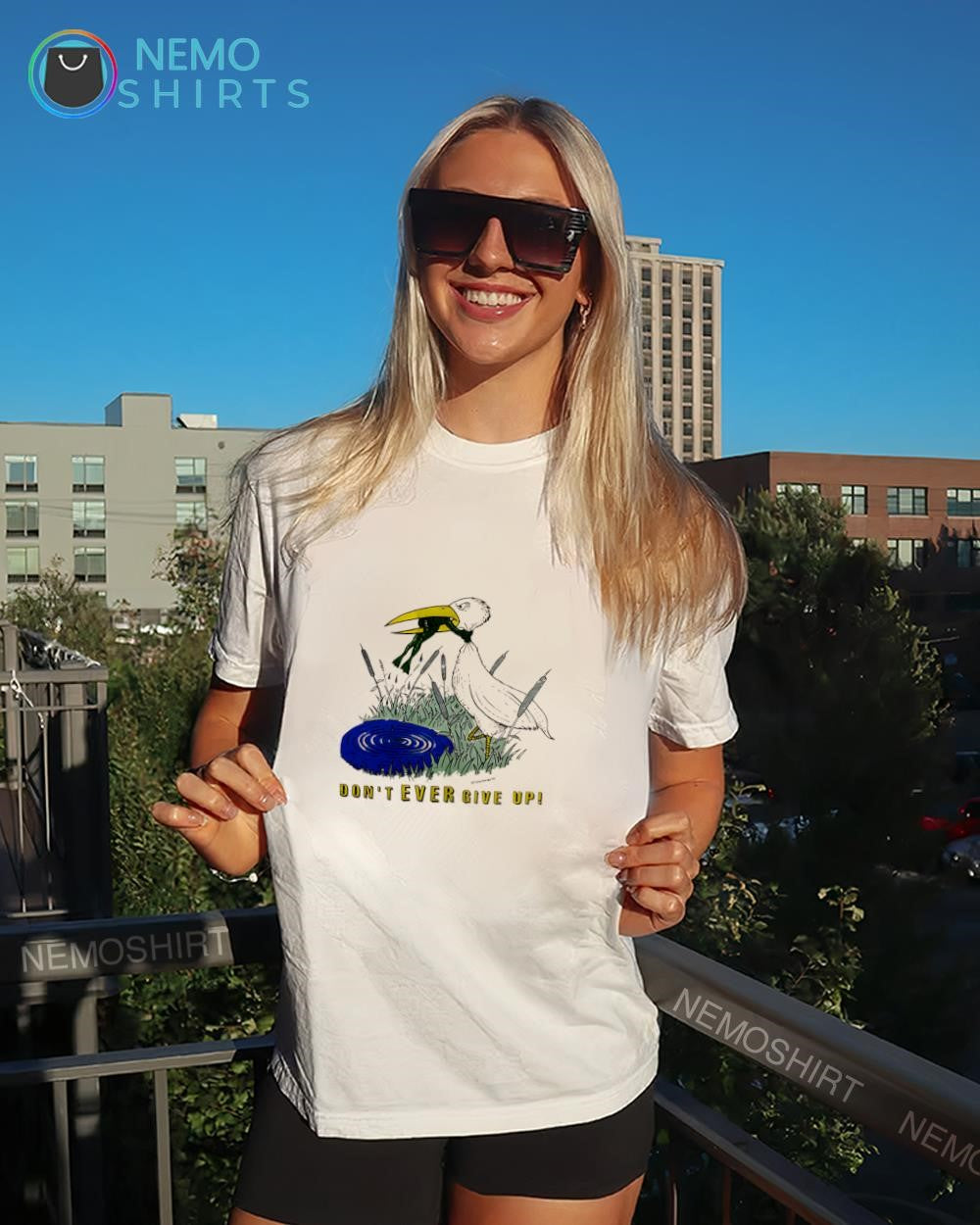 Frog choking stork don’t ever give up shirt