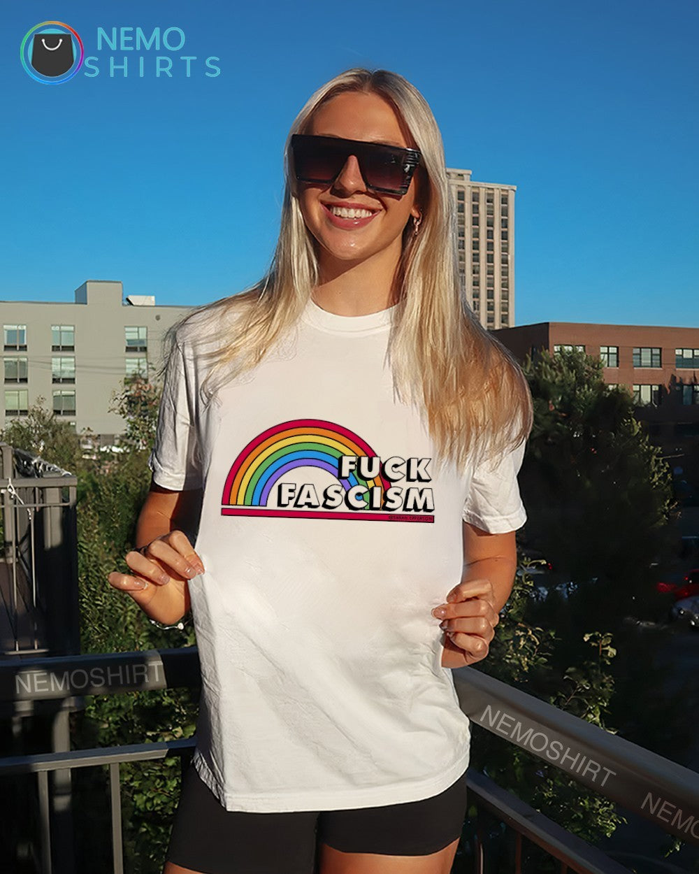 Fuck Fascism rainbow graphic shirt