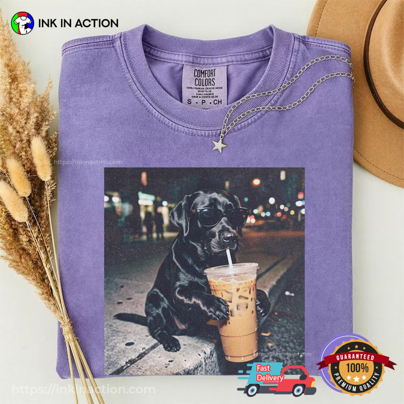 Funny Black Lab Dog Drinking Iced Coffee Comfort Colors Shirt