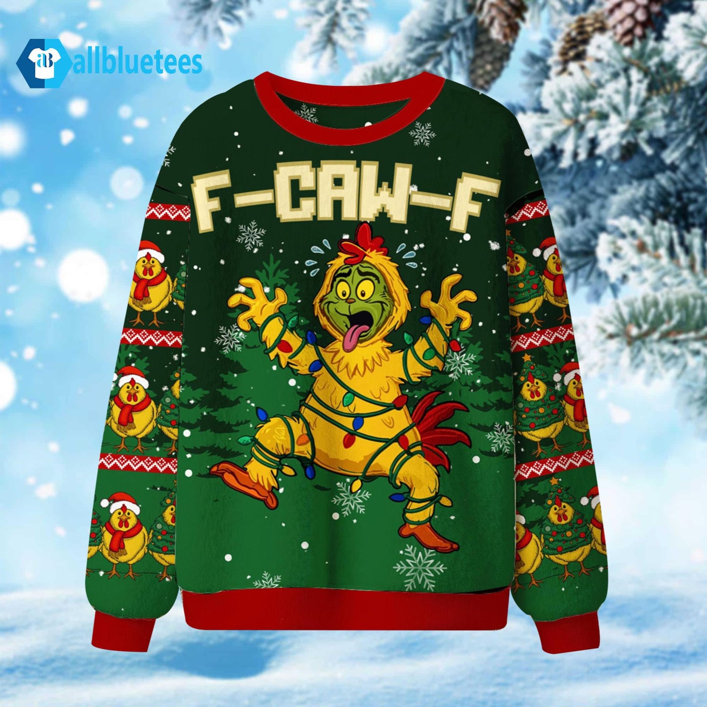 Funny Green Rooster F-Caw-F Ugly Christmas Sweater