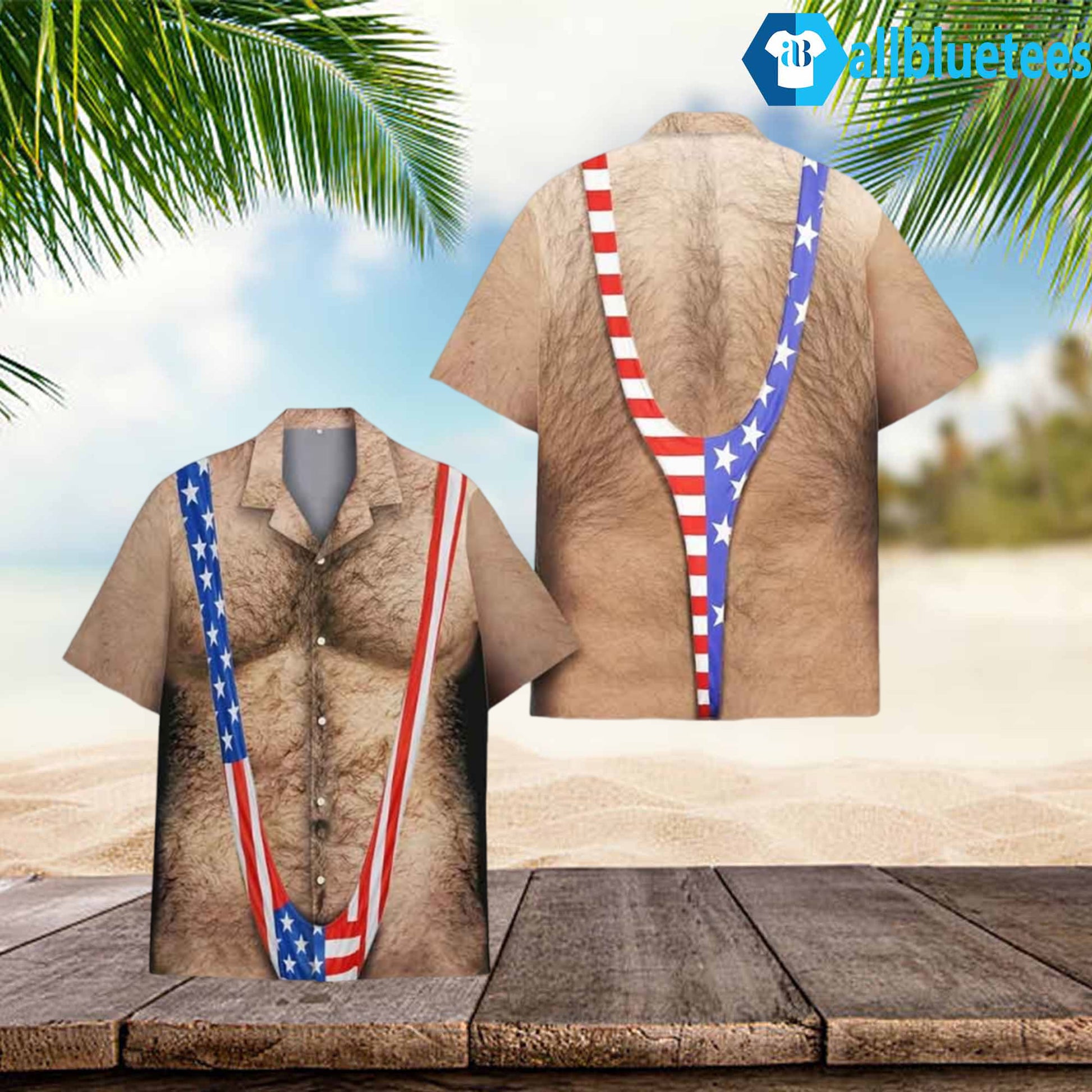 Funny Hairy Chest Men’s American Flag Hawaiian Shirt