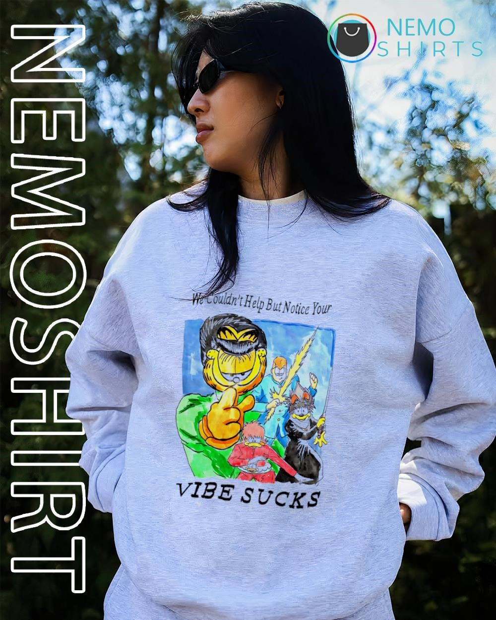Garf Cat with characters we couldn’t help but notice your vibe sucks shirt