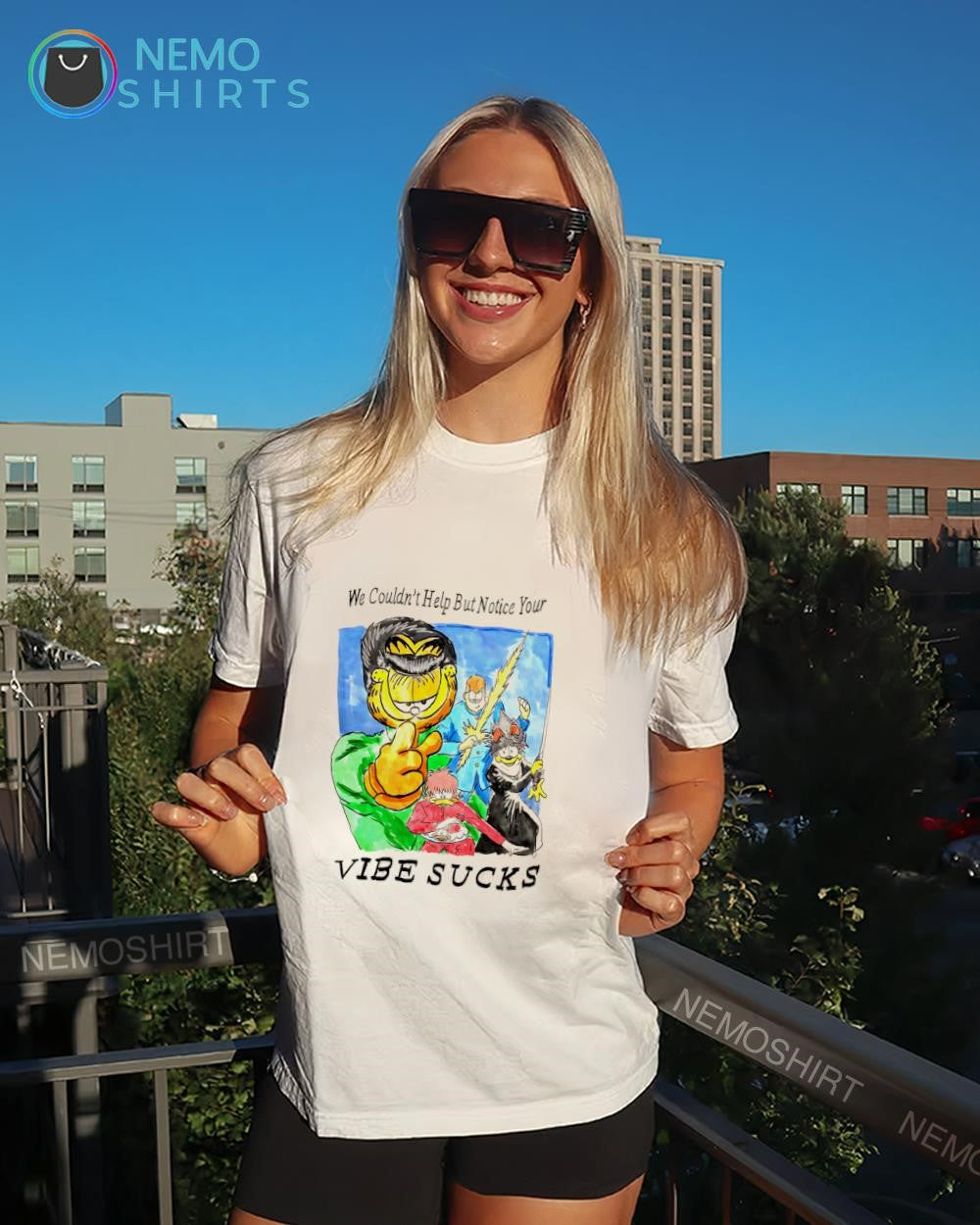 Garf Cat with characters we couldn’t help but notice your vibe sucks shirt