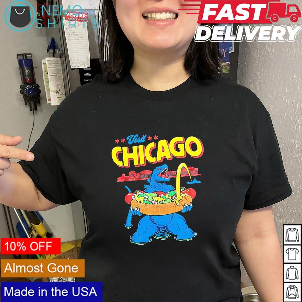 Godzilla visits Chicago with a giant hot dog shirt