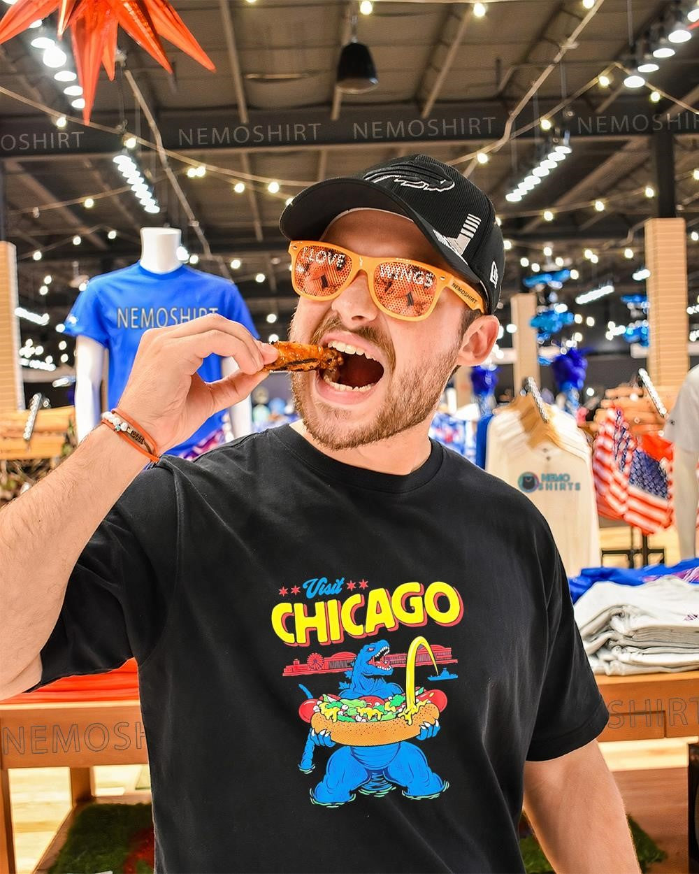 Godzilla visits Chicago with a giant hot dog shirt