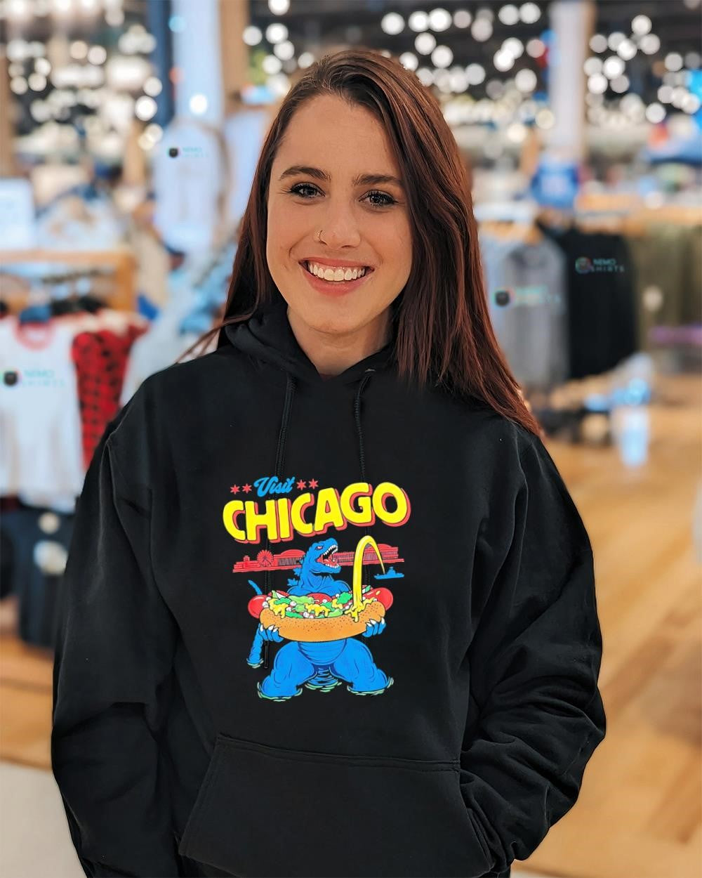 Godzilla visits Chicago with a giant hot dog shirt