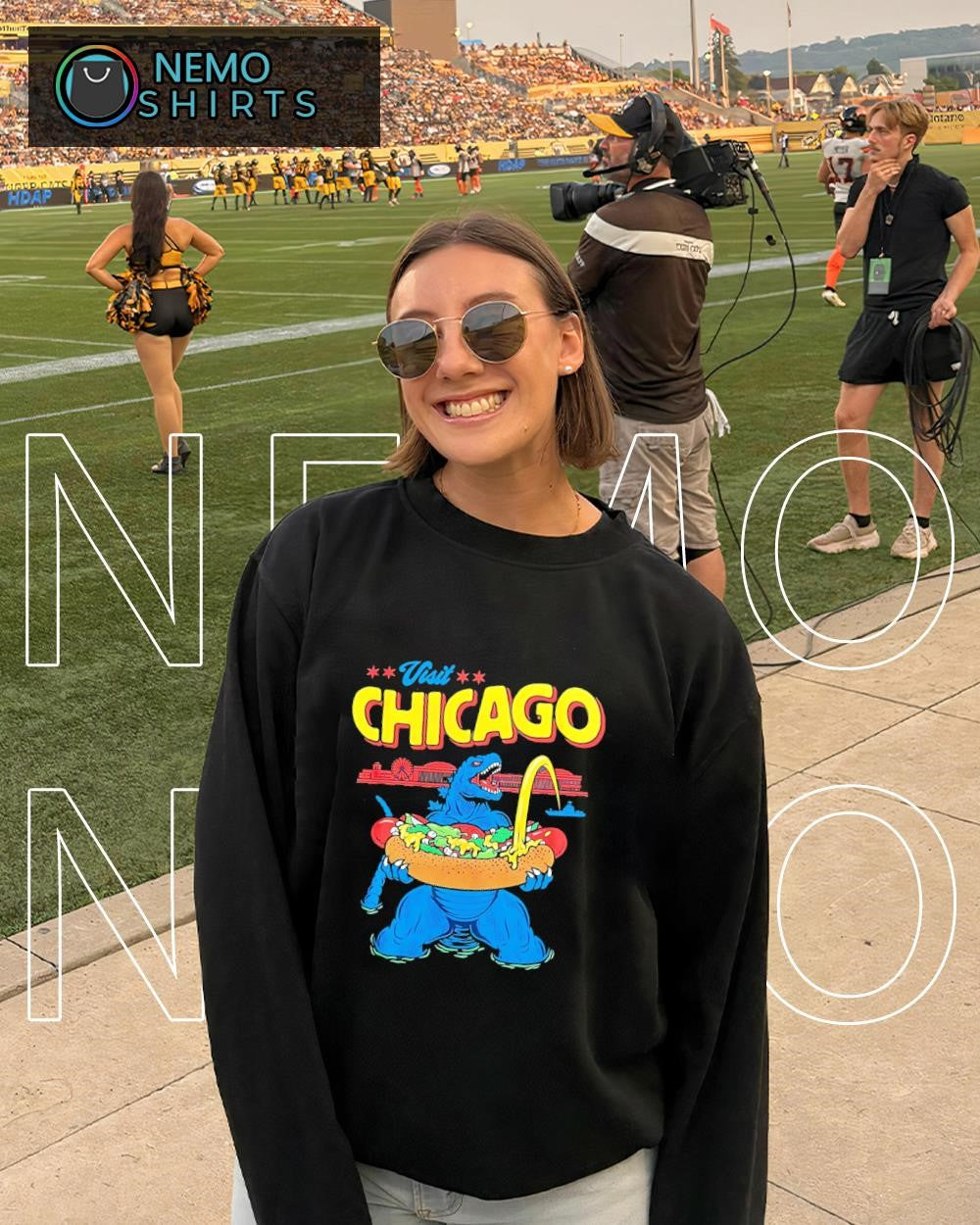 Godzilla visits Chicago with a giant hot dog shirt