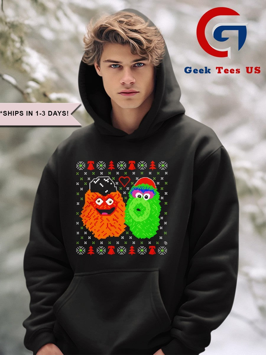 Gritty and Phillie Phanatic ugly Christmas 2025 mascot shirt