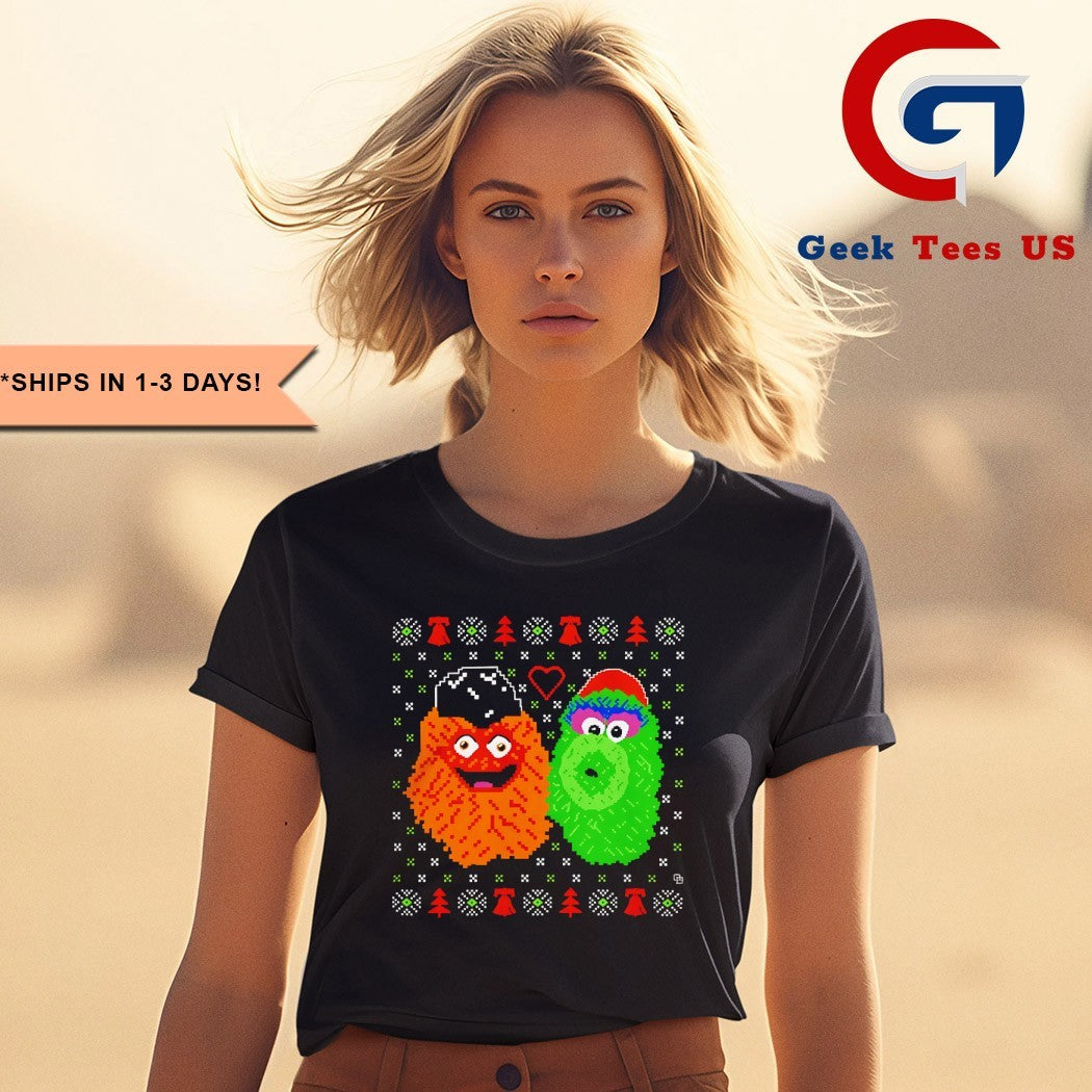 Gritty and Phillie Phanatic ugly Christmas 2025 mascot shirt