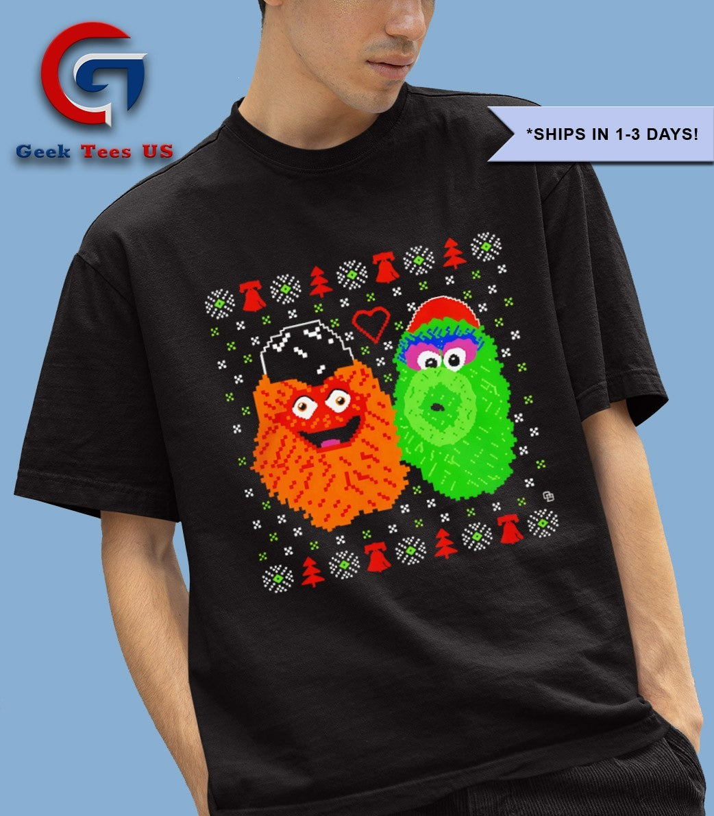 Gritty and Phillie Phanatic ugly Christmas 2025 mascot shirt