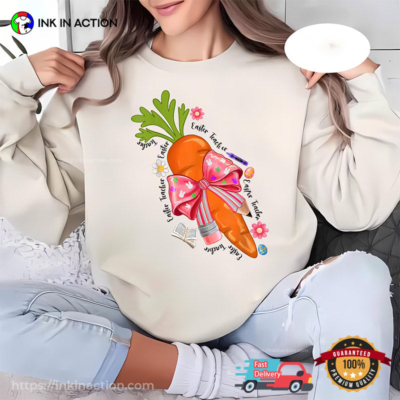 Happy Easter Teacher Coquette Bow Pencil Cute Carrot Shirt