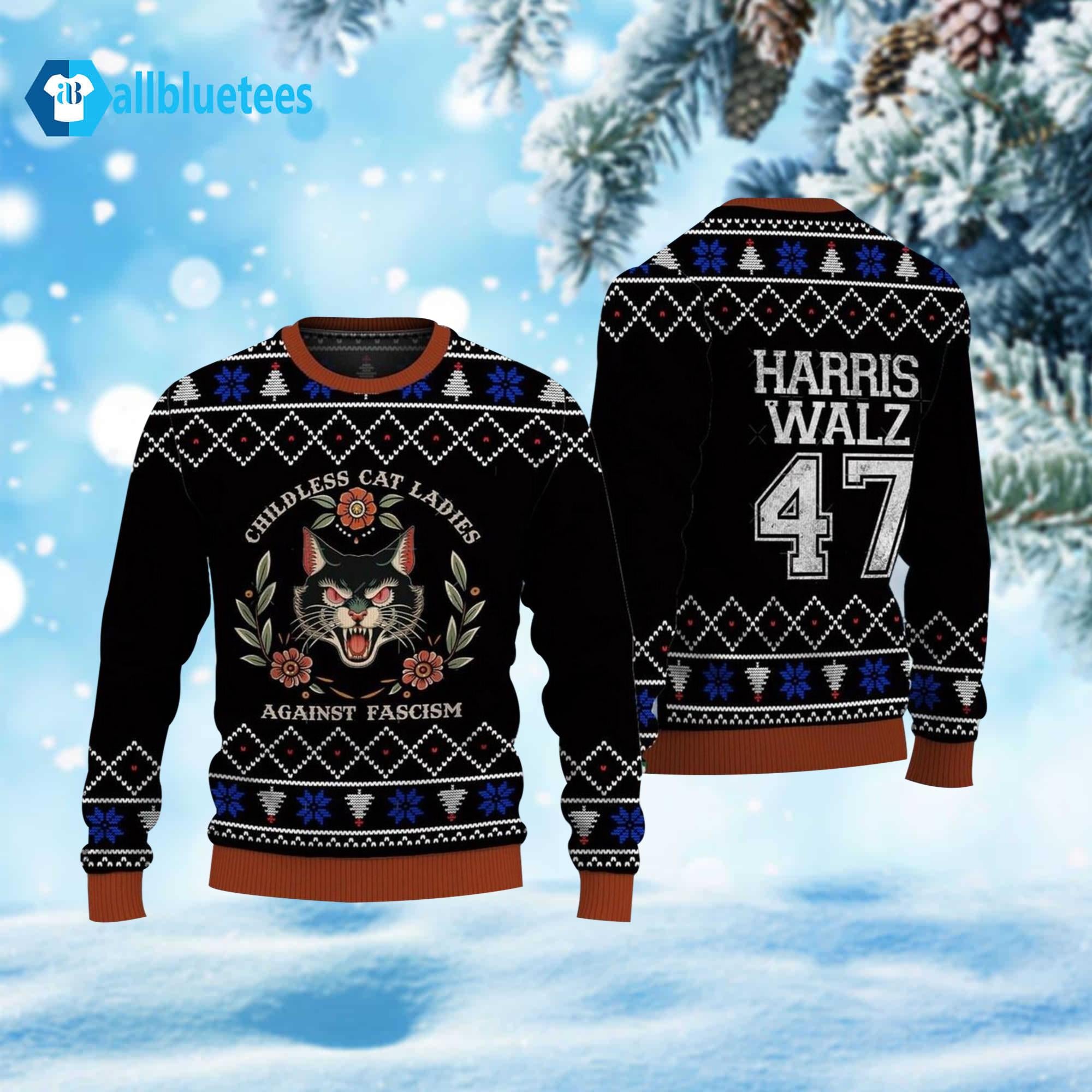 Harris Walz 47 Childless Cat Ladies Against Ugly Christmas Sweater