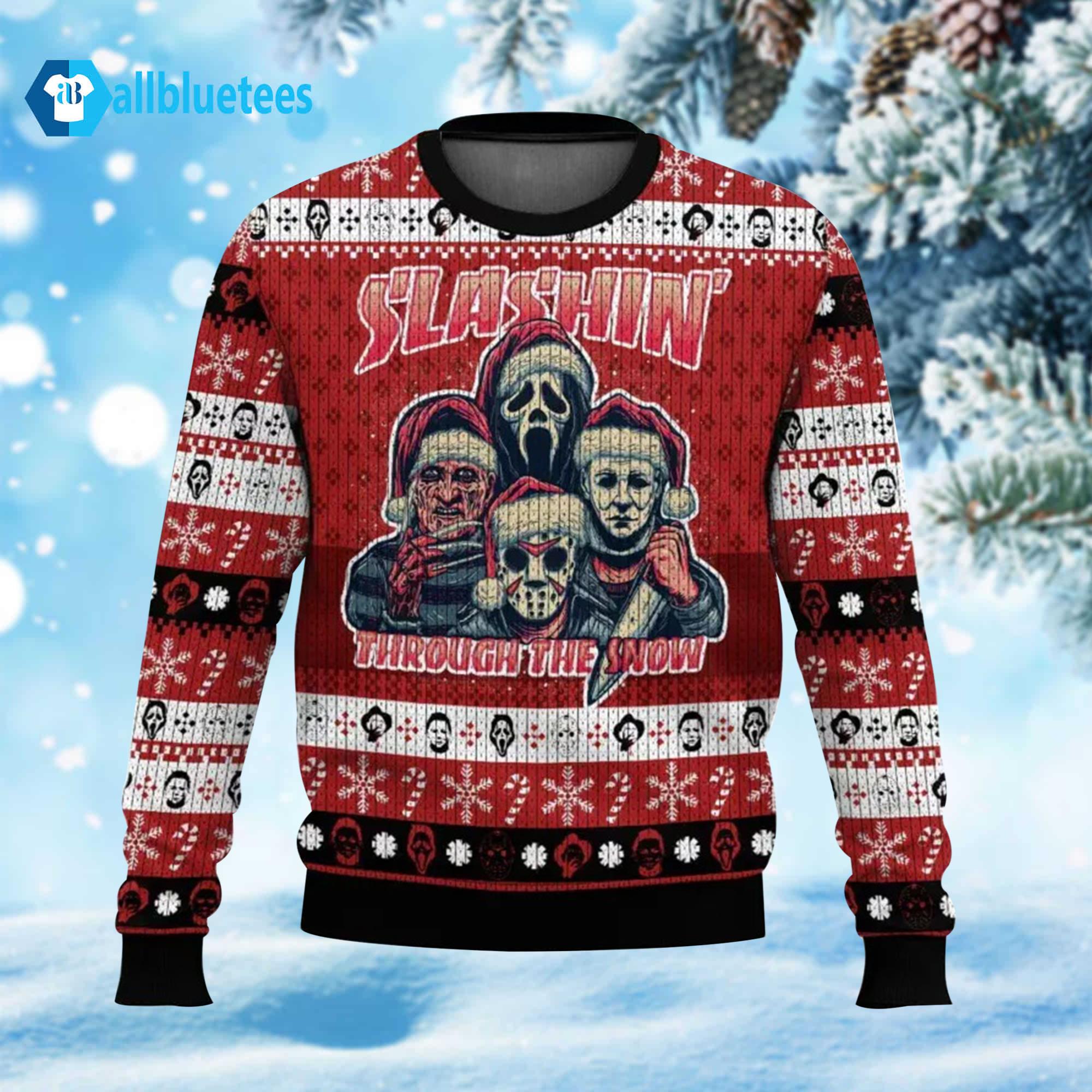 Horror Characters Slashing Through The Snow Ugly Christmas Sweater
