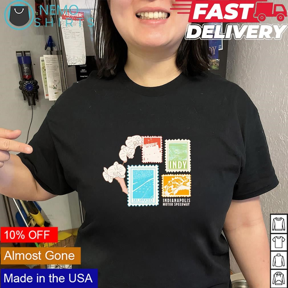Indianapolis Motor Speedway stamp and orchid shirt