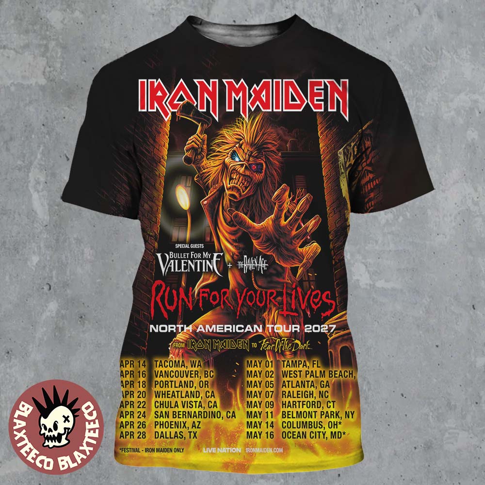 Iron Maiden Run For Your Lives North American Tour 2027 Schedule Dates With Bullet For My Valentine And The Raven Age All Over Print Shirt