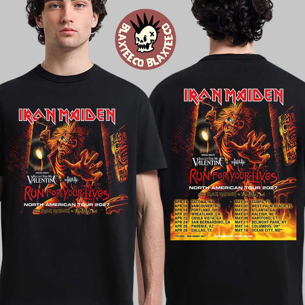 Iron Maiden Run For Your Lives North American Tour 2027 Schedule Dates With Bullet For My Valentine And The Raven Age Two Sided T-Shirt
