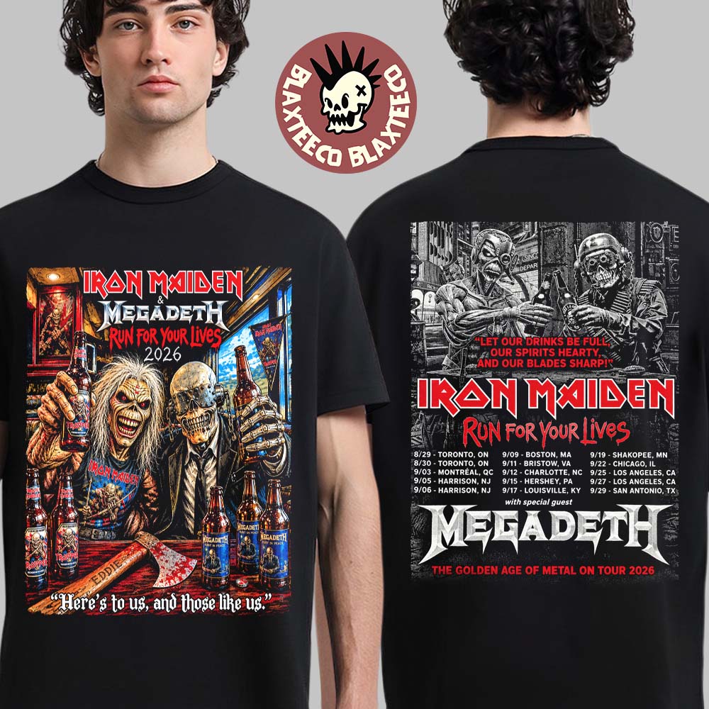 Iron Maiden X Megadeth Run For Your Lives 2026 Tour Eddie And Vic Drinking Beer T-Shirt