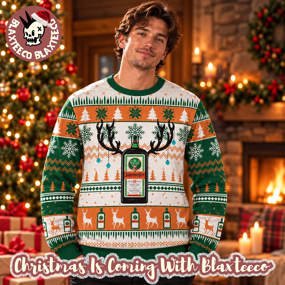 Jagermeister Reindeer Bottle Signature Green And Orange Christmas Ugly Sweater