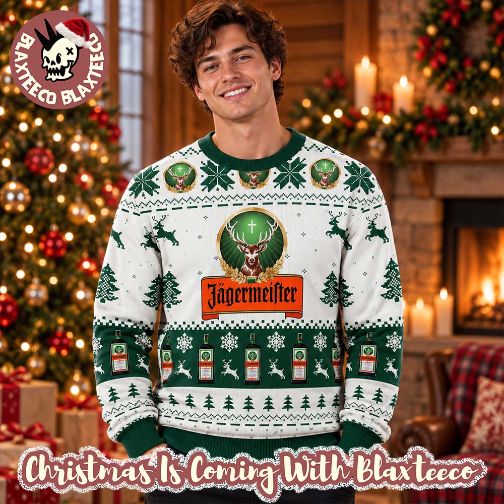 Jagermeister Signature Big Logo White And Green Snowflakes And Pine Tree Christmas Ugly Sweater