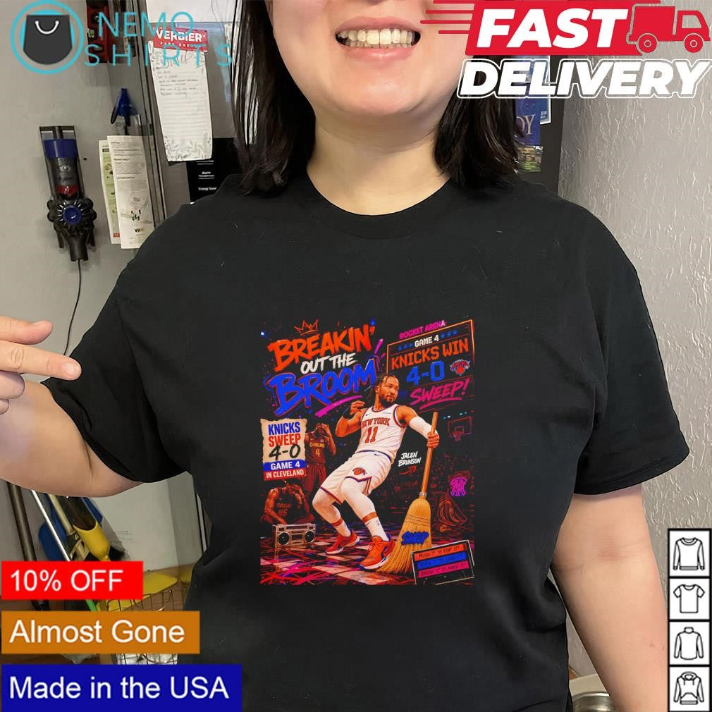 Jalen Brunson game 4 Knicks win 4-0 sweep breaking out the broom shirt