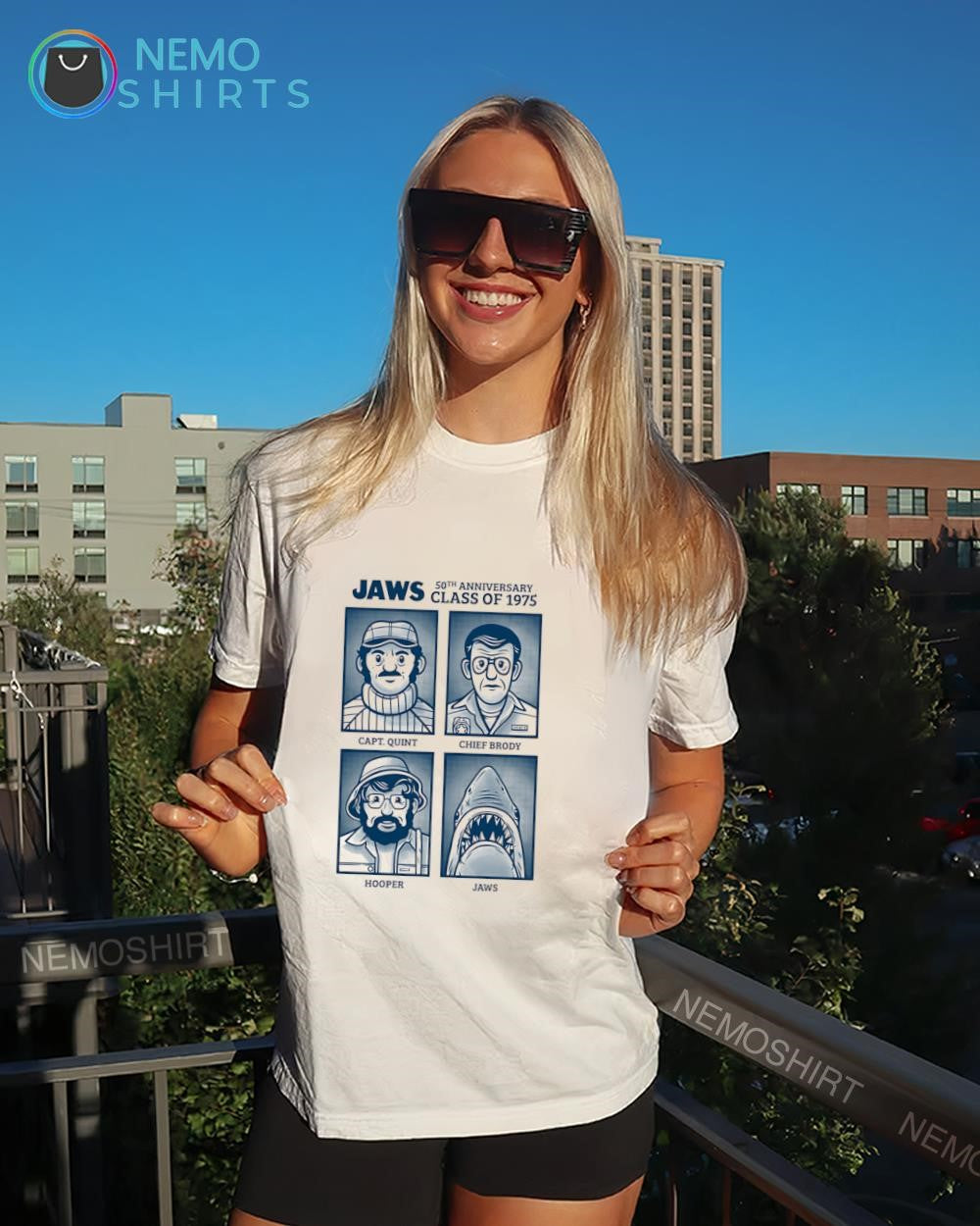 Jaws 50th anniversary class of 1975 characters and shark shirt