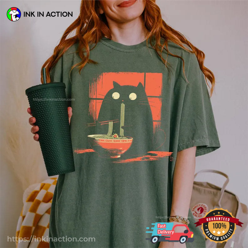 Kawaii Black Cat Eating Ramen Japanese Comfort Colors Shirt