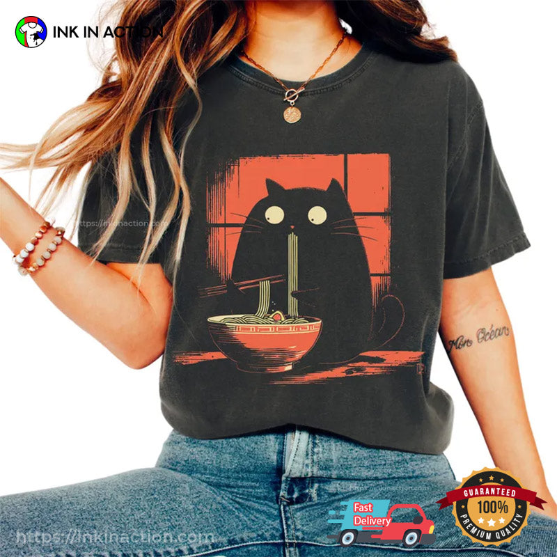 Kawaii Black Cat Eating Ramen Japanese Comfort Colors Shirt