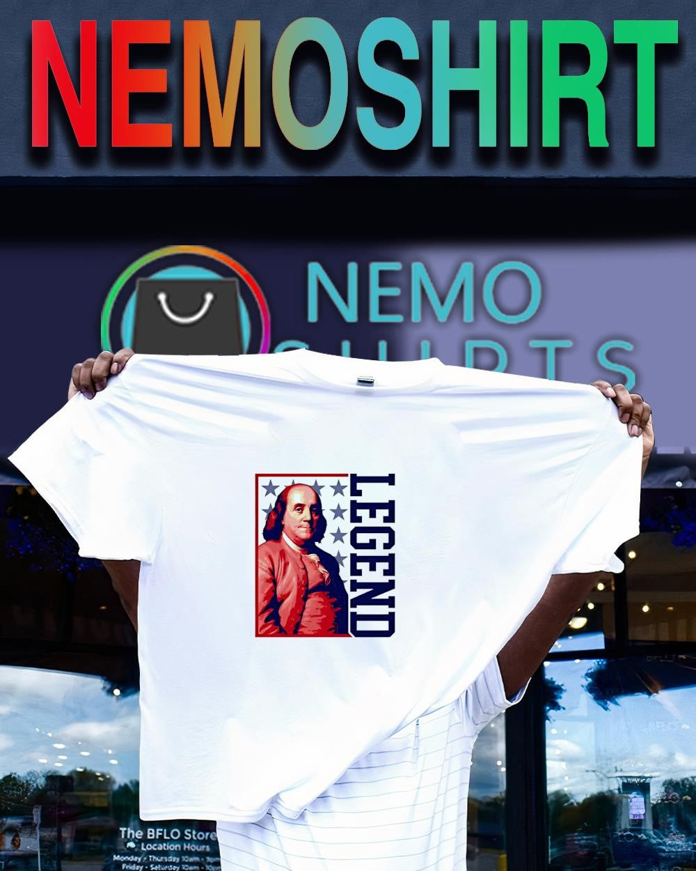 Legend Benjamin Franklin US flag background shirt