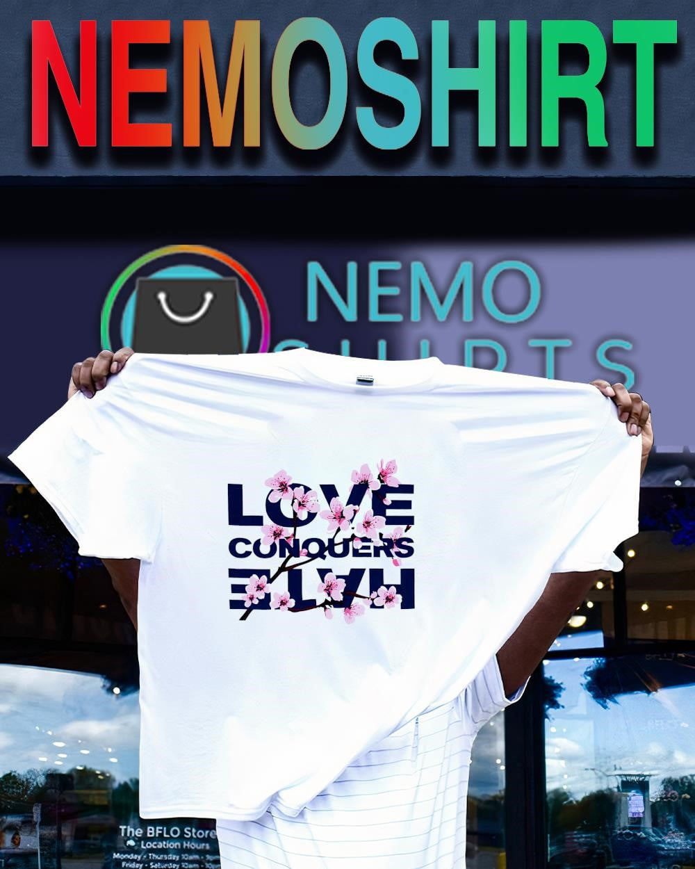 Love conquers hate cherry blossom graphic shirt