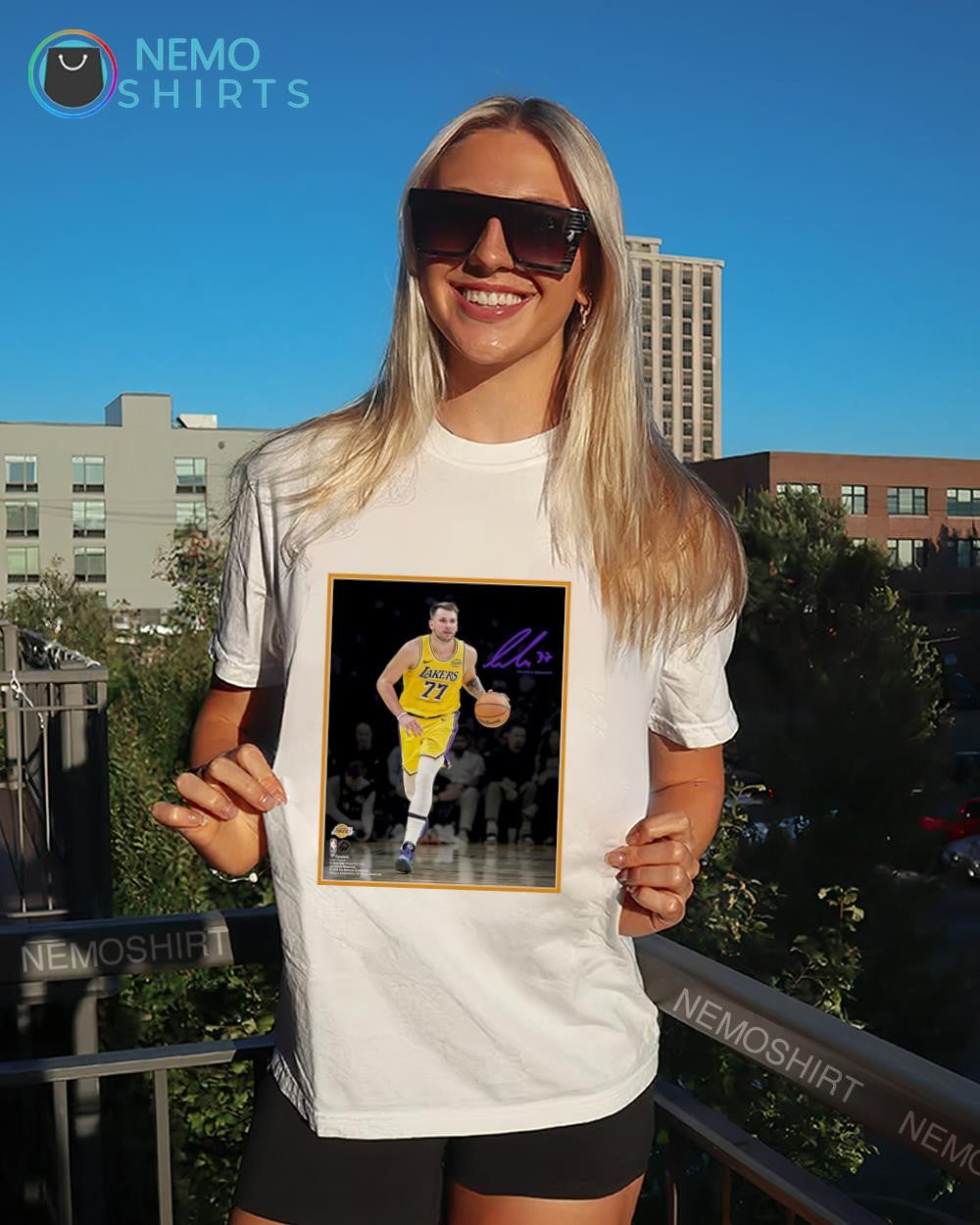 Luka Doncic Los Angeles Lakers spotlight photograph signature shirt