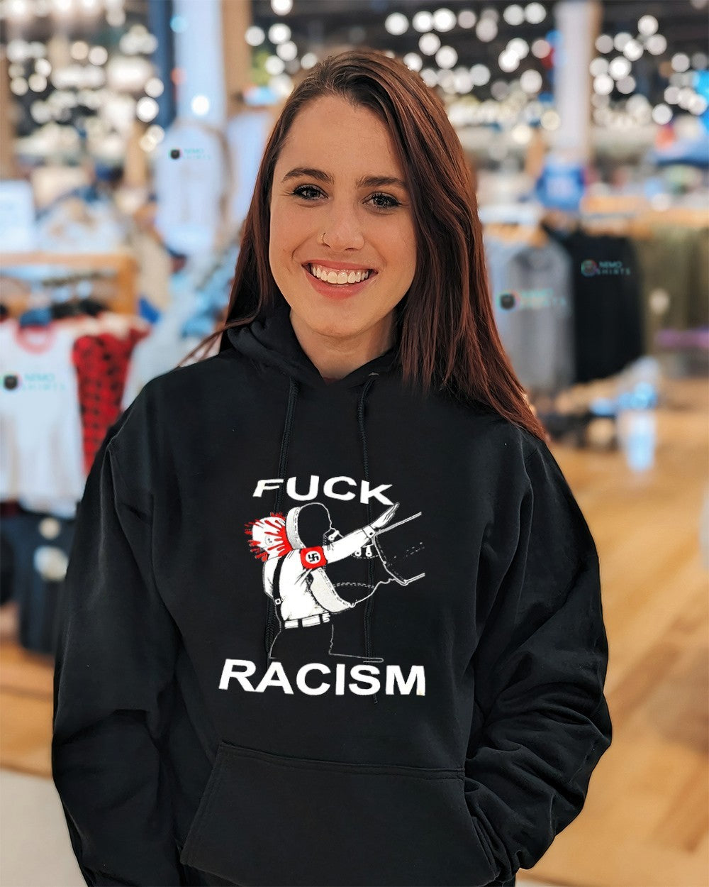 Fuck racism kicking on fascist shirt
