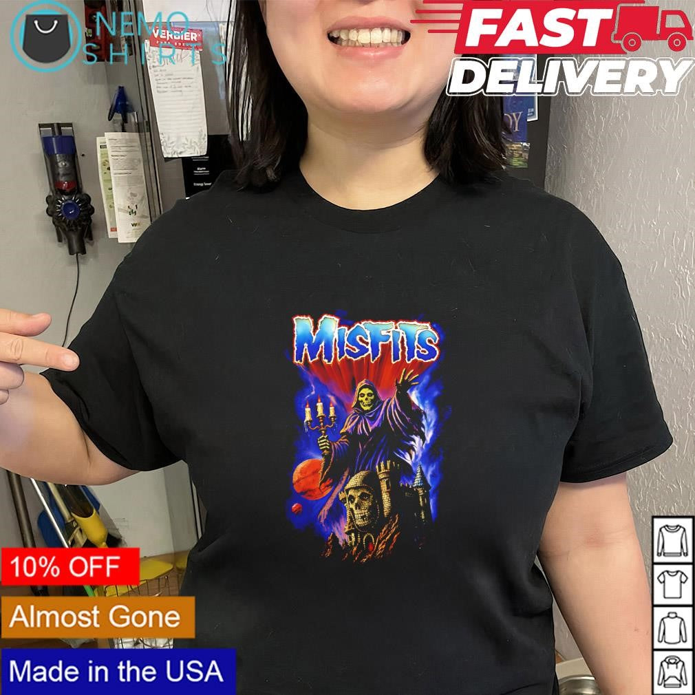 Misfits American Psycho skeleton figure holding candelabra in castle shirt