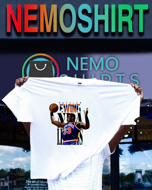 New York Knicks center Patrick Ewing caricature graphic shirt