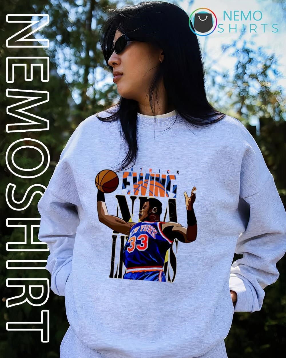 New York Knicks center Patrick Ewing caricature graphic shirt