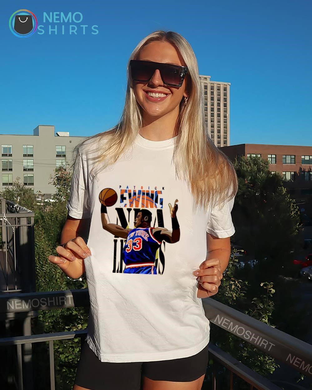 New York Knicks center Patrick Ewing caricature graphic shirt