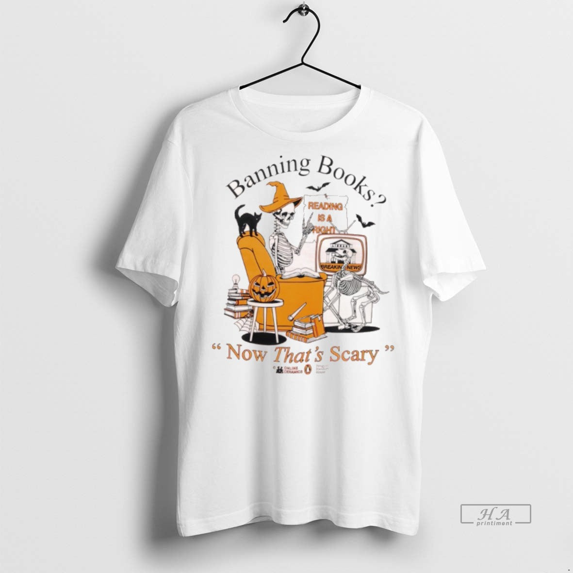 Official Banning Books Now Thats Scary Reading Is A Right Halloween Skeleton Pumpkin Shirt