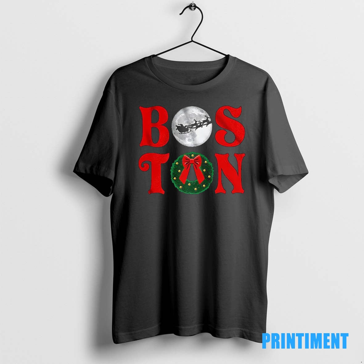 Official Boston Stacked Christmas Wreath Santa Claus Sleigh Flying Over The Moon Tee Sweater