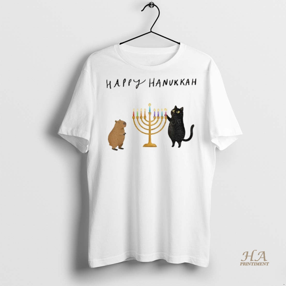 Official Capybara And Black Cat Light Hanukkah Candles Happy Chrismukkah Christmas Shirt