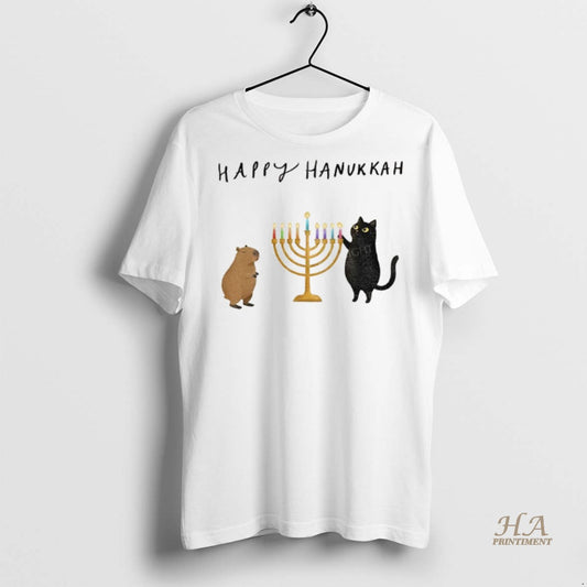 Official Capybara And Black Cat Light Hanukkah Candles Happy Chrismukkah Christmas Shirt