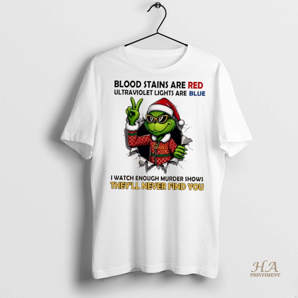 Official Grinch Christmas Blood Stains Are Red Ultraviolet Lights Are Blue I Watch Enough Murder