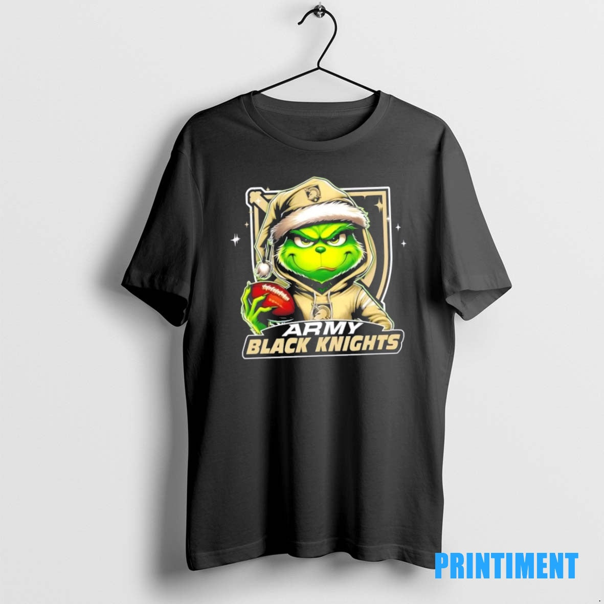 Official Grinch Is Holding A Ball And Smiling At Army Black Knights Fans Christmas Tee