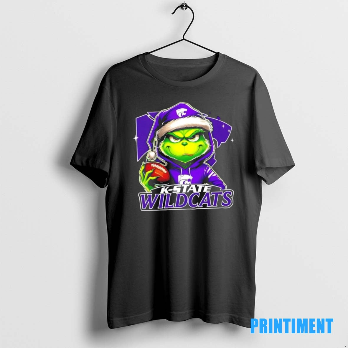 Official Grinch Is Holding A Ball And Smiling At Kansas State Wildcats Fans Christmas Tee