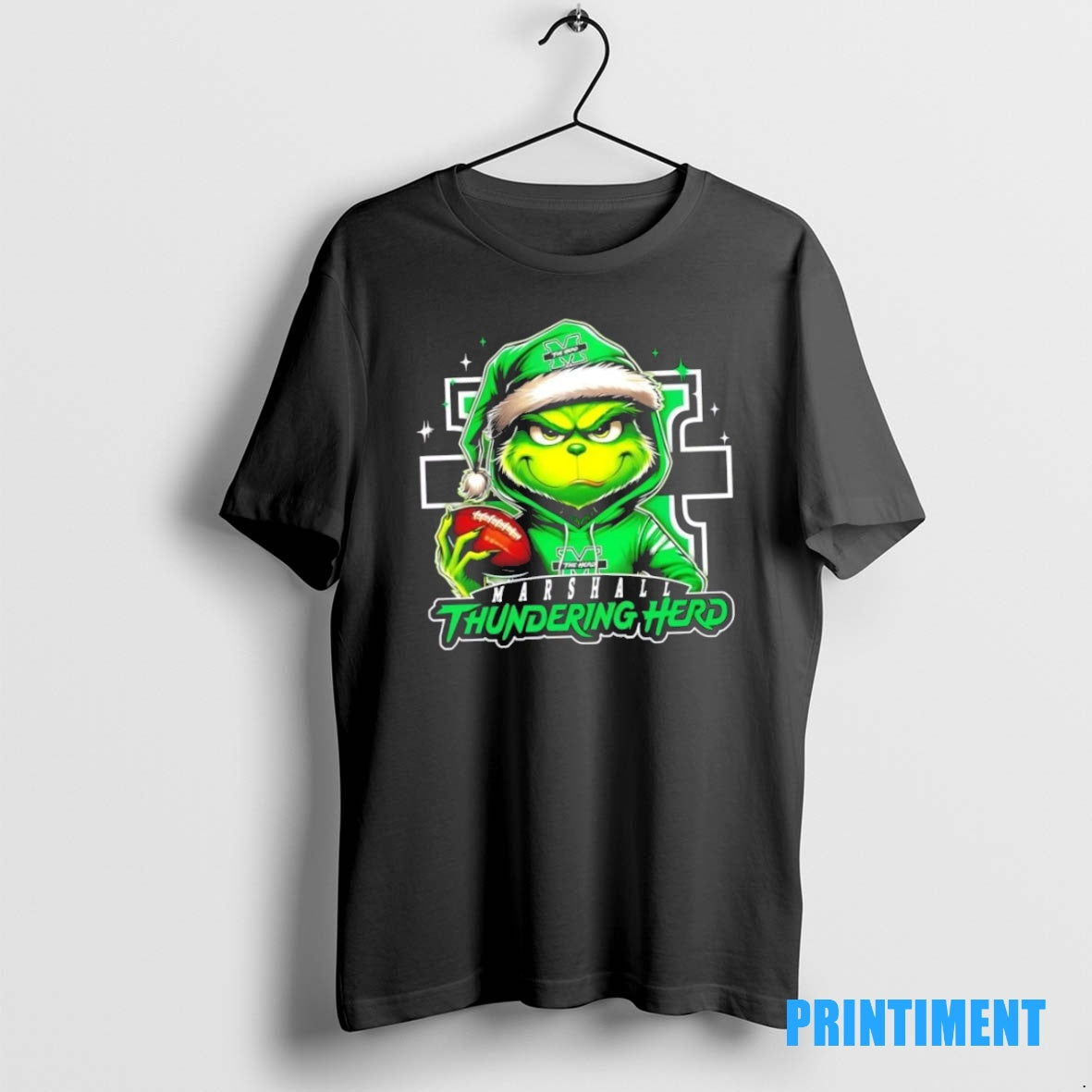 Official Grinch Is Holding A Ball And Smiling At Marshall Thundering Herd Fans Christmas Tee