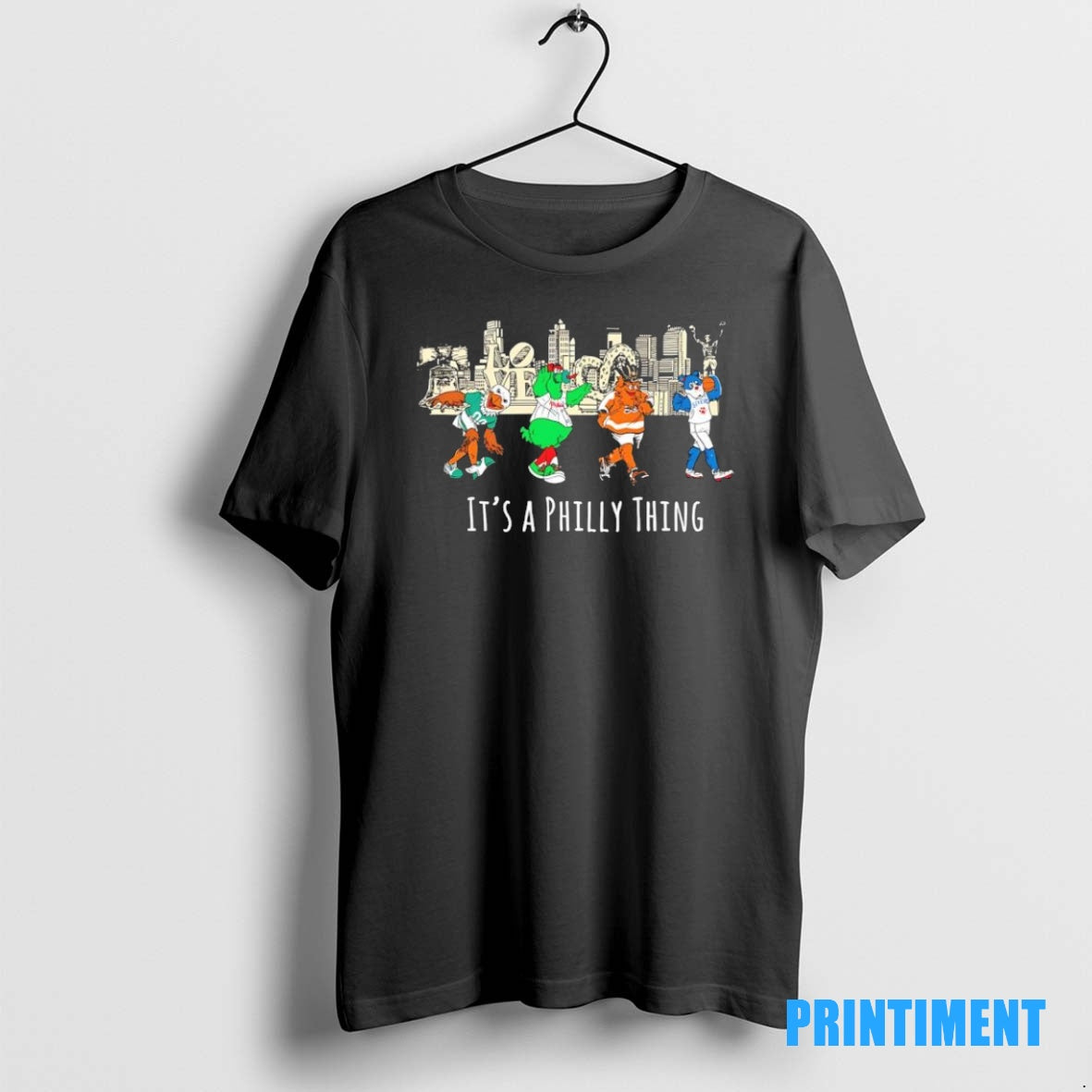 Official Its A Philly Thing Philadelphia Sports Mascots Skyline Black Tee Sweater