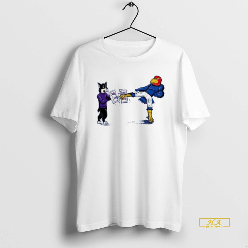 Official Kansas Jayhawk Mascot Kicking A We Sign Kansas State