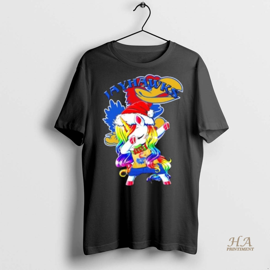 Official Kansas Jayhawks Football X Unicorn Santa Hat Dabbing Merry Christmas Shirt
