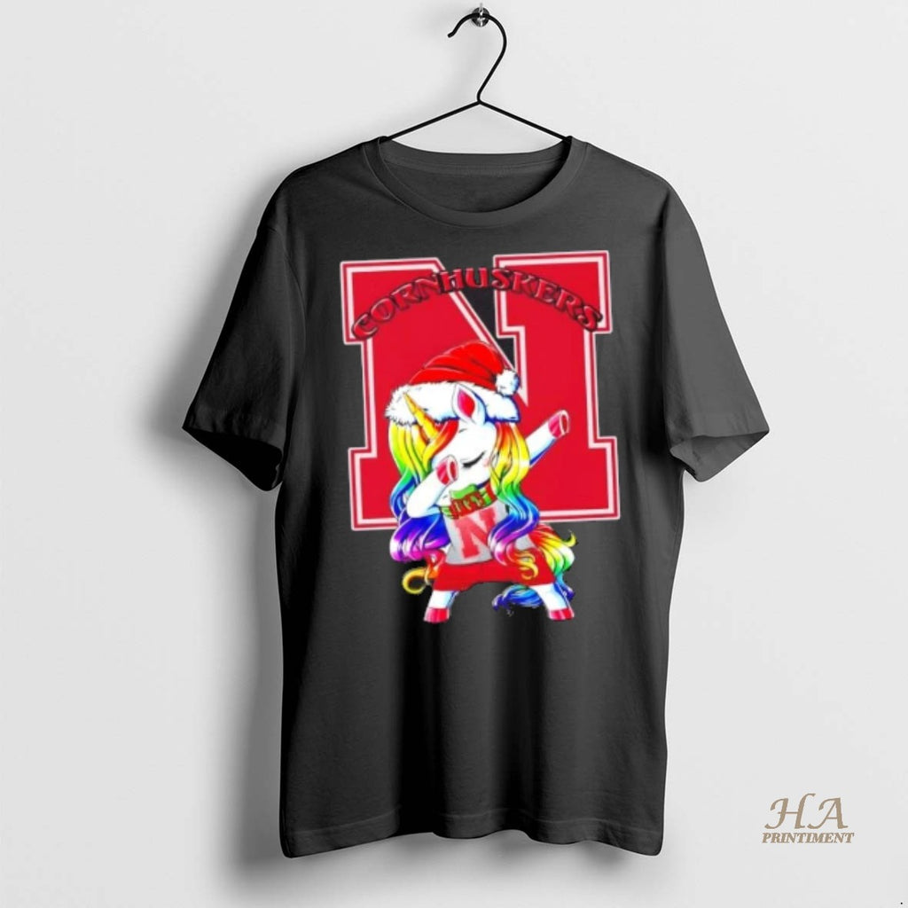 Official Nebraska Cornhuskers Football X Unicorn Santa Hat Dabbing Merry Christmas Shirt