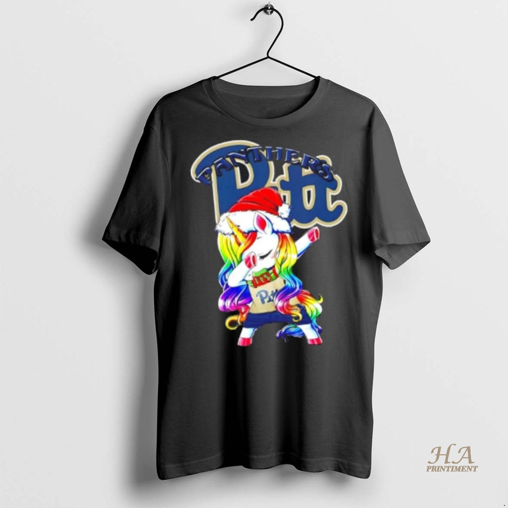 Official Pittsburgh Panthers Football X Unicorn Santa Hat Dabbing Merry Christmas Shirt