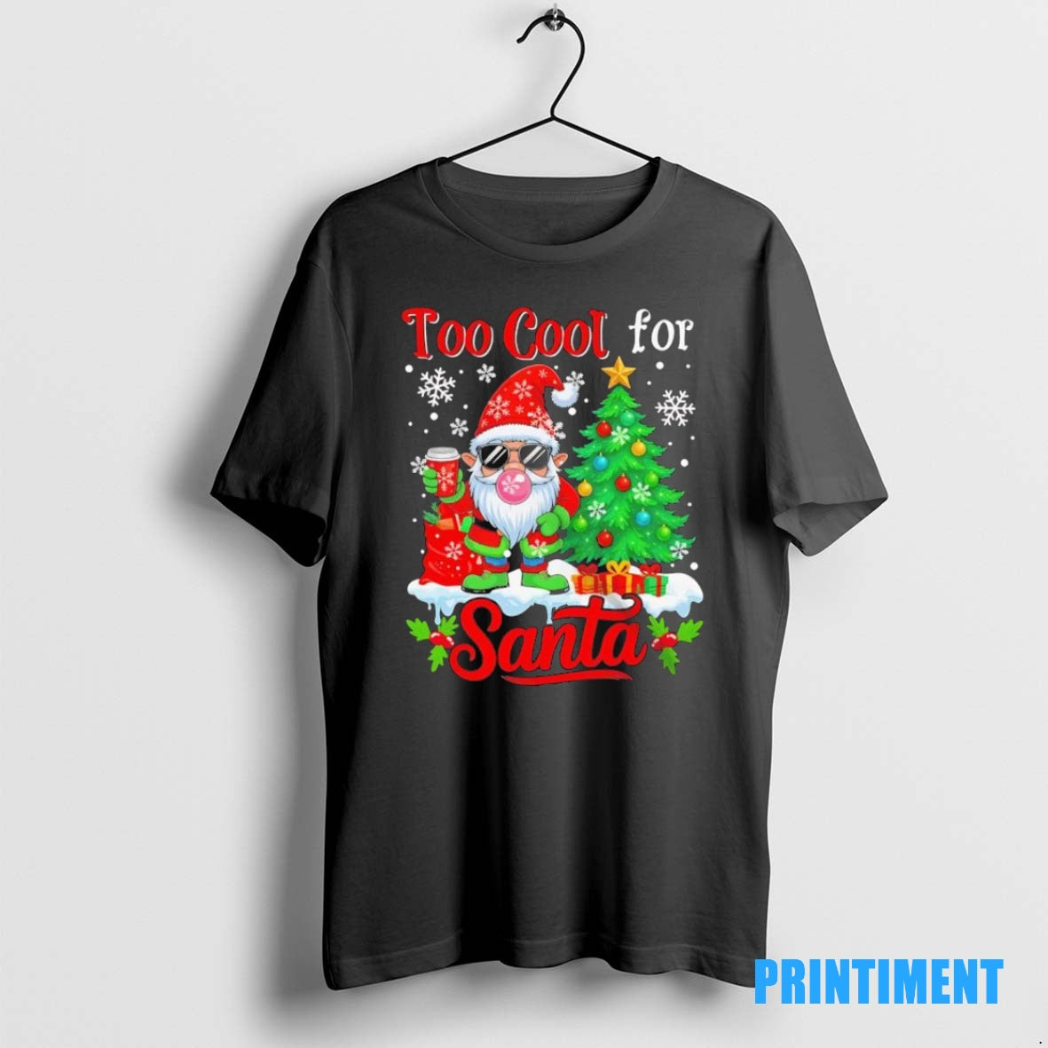 Official Too Cool For Santa Merry Christmas Gnome Sunglasses Drink Coffee Black Tee Sweater