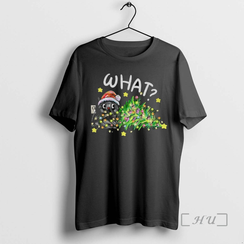 Officials Black Cat Santa Hat What Christmas Tree Merry Christmas 2025 Tee Shirt Sweater
